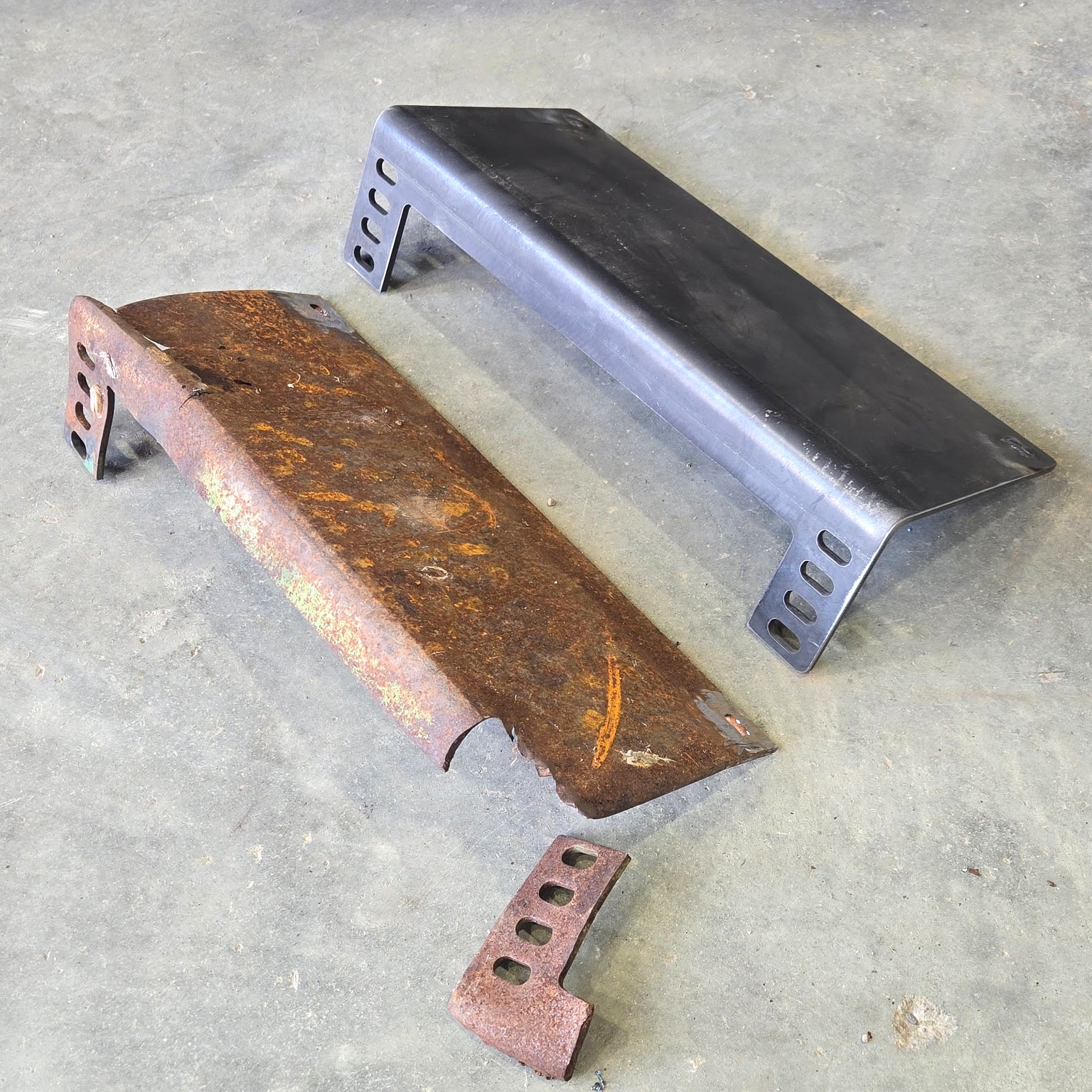 Custom steel parts before and after fabrication